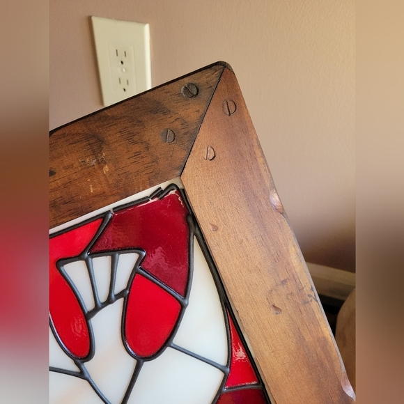 Vintage Holy Spirit White Red Stained Glass & Wood Panel Square #518024 14x 12" - Picture 3 of 11